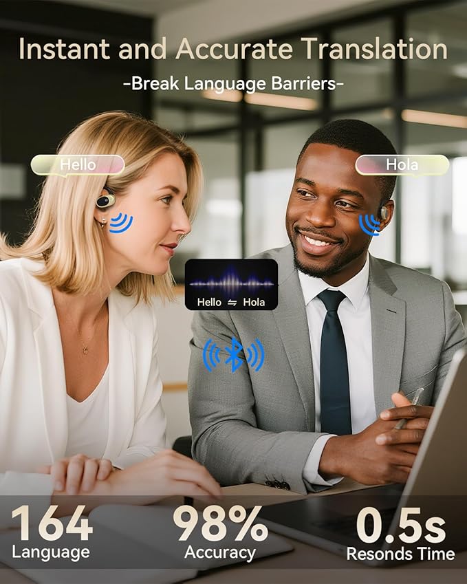 AI Language Translation Earbuds Real Time, Bluetooth 5.3 Audifonos Traductores Inglés Español for 164 Languages & Accents, Translator Device for Travel Business Meeting Learning
