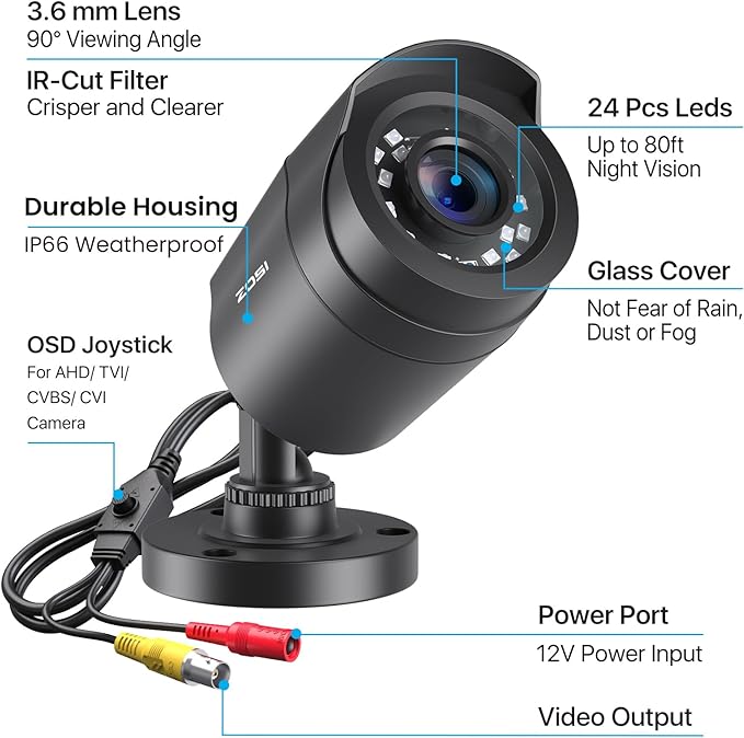 ZOSI 2.0MP 1080p 1920TVL Outdoor Indoor Security Camera,Hybrid 4-in-1 TVI/CVI/AHD/CVBS CCTV Camera,80ft IR Night Vision Weatherproof For 960H,720P,1080P,5MP,4K analog Home Surveillance DVR System