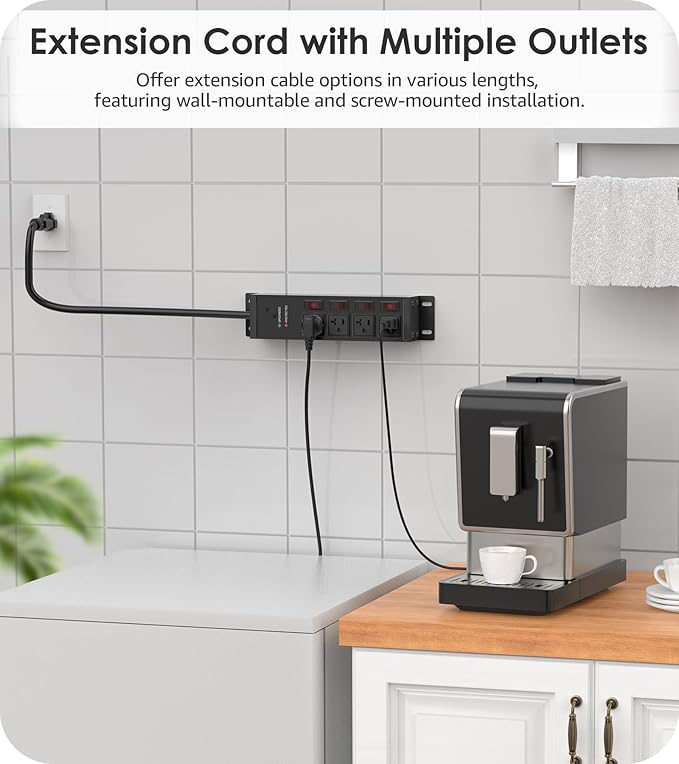 CCCEI Heavy Duty Surge Protector Power Strip 20 Amp Individual Switches. 6FT 12 Gauge Extension Cord with Multiple Outlets. Kitchen, Garage, Shop, Industrial Wall Mount Electric Extender, Black.
