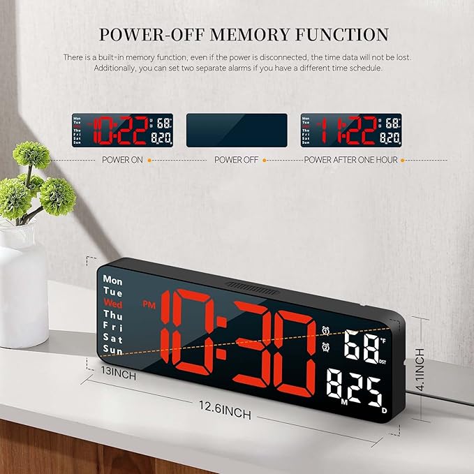 Digital Clock, Digital Wall Clock for Living Room Decor, Desk Alarm Clock for Bedroom, Large Wall Clock with Remote Control, Automatic Brightness Dimmer LED Clock with Date Temperature Week (Red-B)