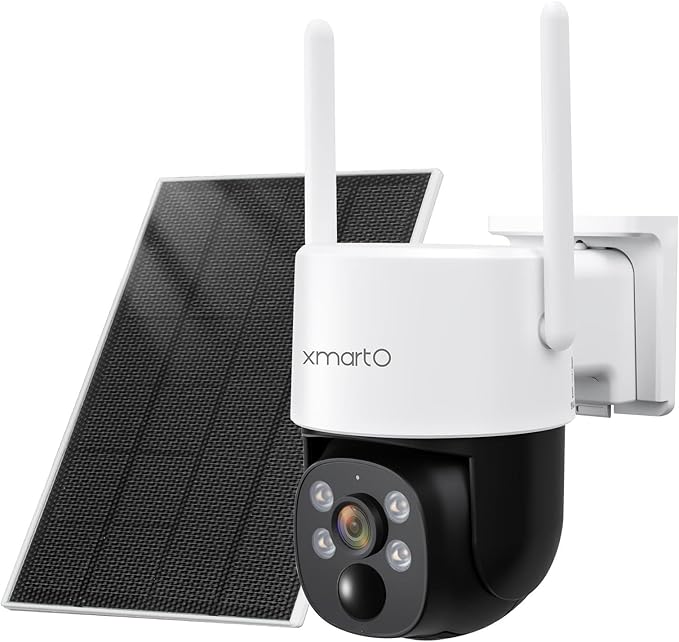 xmartO Solar/Battery-Powered Wire-Free PTZ Home Security Camera Wireless Outdoor/Indoor CCTV Surveillance (Non-Stop Solar Power, Rechargeable Battery, Floodlights, SD/NVR/Cloud)