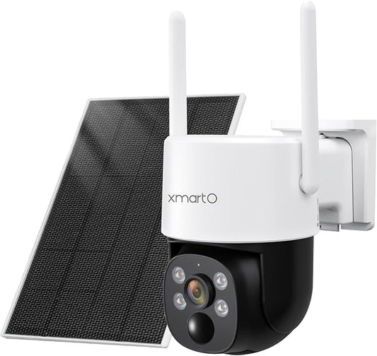 xmartO Solar/Battery-Powered Wire-Free PTZ Home Security Camera Wireless Outdoor/Indoor CCTV Surveillance (Non-Stop Solar Power, Rechargeable Battery, Floodlights, SD/NVR/Cloud)