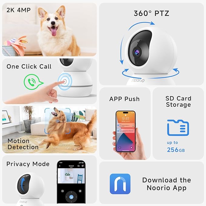 Noorio Security Camera Indoor, 4MP UHD Pet/Dog Camera 360-Degree for Home Security, One-Touch Call, Auto Motion Tracking, Night Vision, 2.4G Only