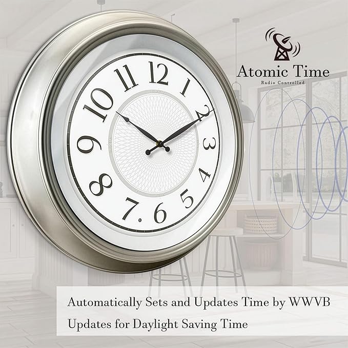 18" Large Galaxy Luminous Atomic Clock with Night Light, Lighted Wall Clocks for Bedroom or Livng Room Decor,Morning Silver Finish,House Warming Gifts New Home