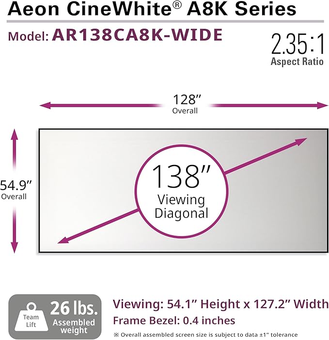 Elite Screens Aeon CineWhite A8K Wide, 138-INCH DIAG, 2.35:1 Aspect Ratio, Acoustically Transparent Perforated Weave, AR138CA8K-WIDE