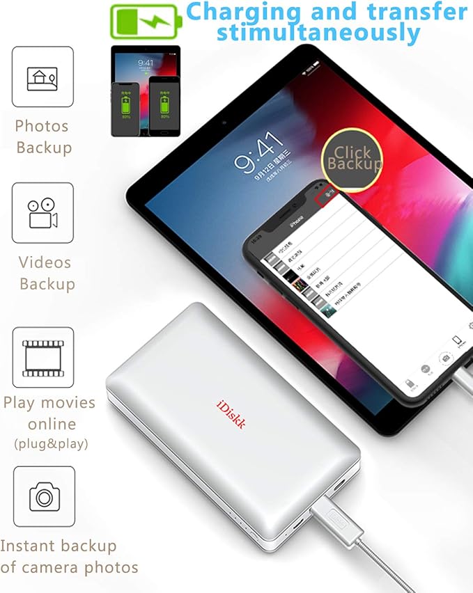 iDiskk App-le MFi Certified 1TB External Hard Drive for iPhone iPad Android Phones,MacBook,Computer to Backup Docs| Photos | Videos,iPhone 17 & 16 Hard Disk,10000mAh Power Bank