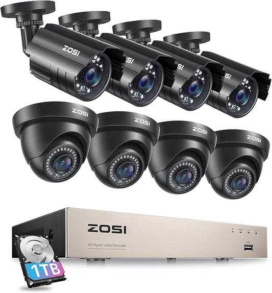 ZOSI 3K Lite Security Camera System, H.265+ 1080P 8CH Wired DVR with 1TB Hard Drive, 8pcs 2MP Bullet and Dome Weatherproof CCTV Cameras, AI Human/Vehicle Detection, Motion Alert, Remote Access