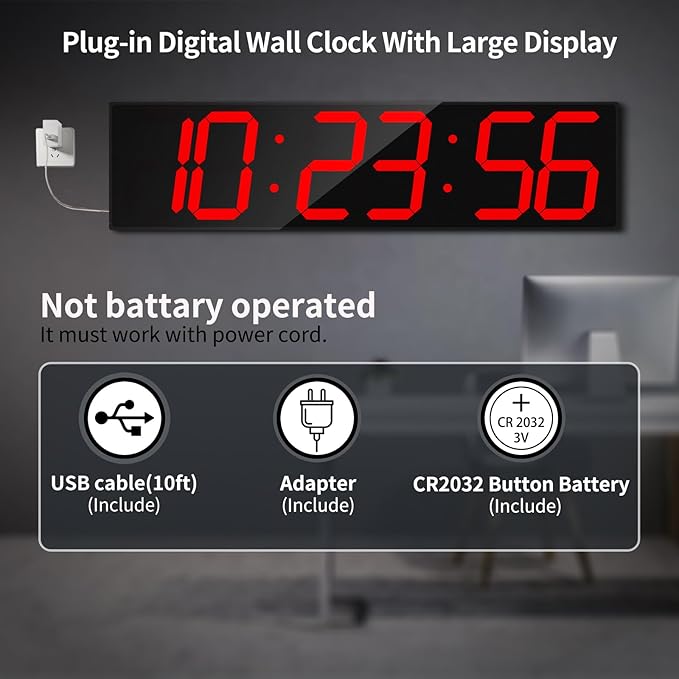 28.4''Large Digital Wall Clock,Automic Digital Clock with Alarm,Clendar and Termperature,Auto Time Sync with Easy Operation, Big Timer with Countdown and Countup (Red)
