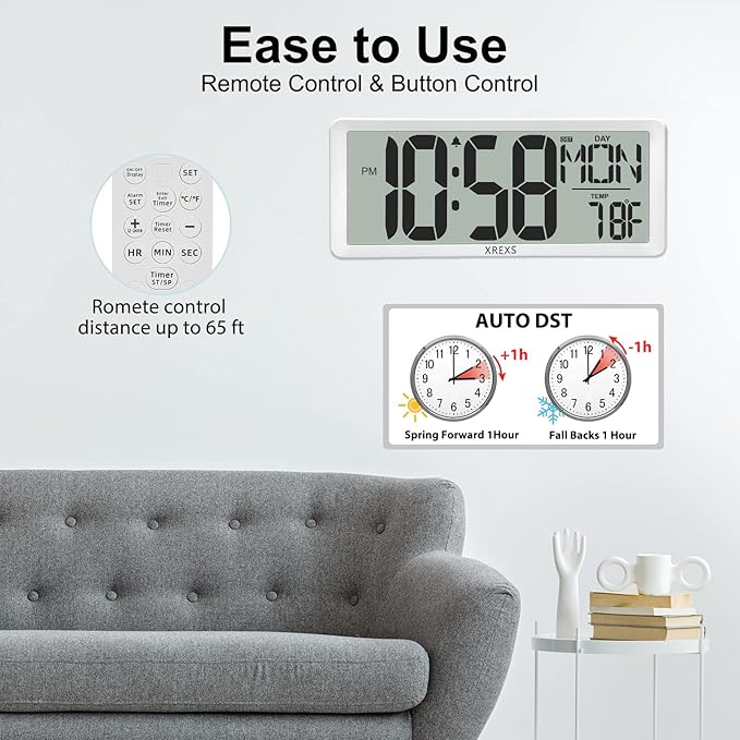 XREXS Digital Wall Clock with Backlight (Not Constantly Illuminated), 14.17 Inch Large Wall Clock with Remote Control, Count Down Timer, Battery Operated Digital Clock with Temperature, Date&Week