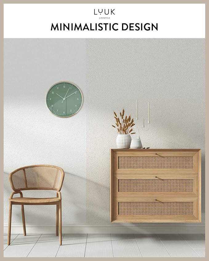LUUK LIFESTYLE Silent Wall Clock with Quartz Movement, Modern and Minimalist Design, Deco for Kitchen, Living Room, Gift idea, Dark Green and Gold
