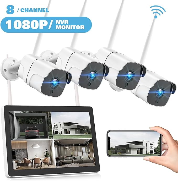 Wireless Security Camera System with 12" Monitor &500GB HDD, 8CH NVR Security Camera System Wireless Outdoor with 4pcs WiFi Cameras, Night Vision 24/7 Recording (500GB HDD+4cam+12" Monitor)