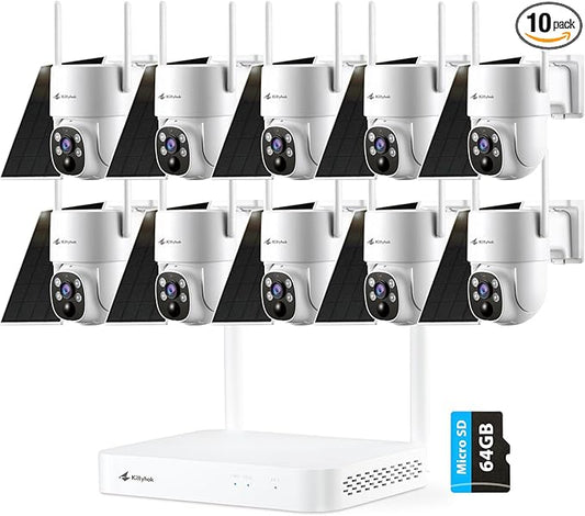 Kittyhok Solar Security Camera System Wireless Outdoor | 10pcs 2K Ultr Pan Tilt Home Solar Security Camera with Human Detection, Spotlight | 10CH Smart NVR, 60 Days Local Storage, 0 Monthly Fee