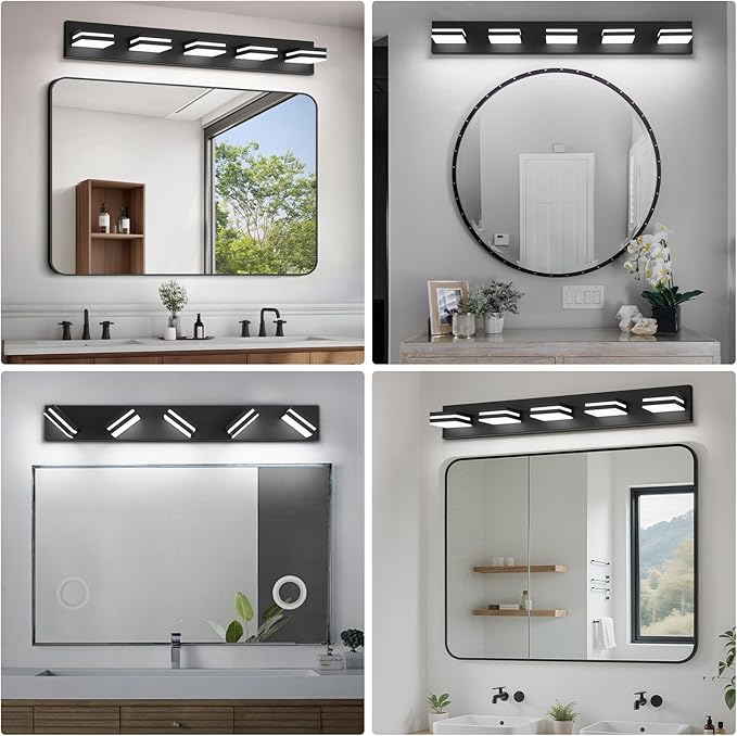 Modern LED Bathroom Lights Fixtures(5-Light),Metal Black Acrylic Wall Lighting,Vanity Lights for Bathroom Over Mirror(6000k 34in)