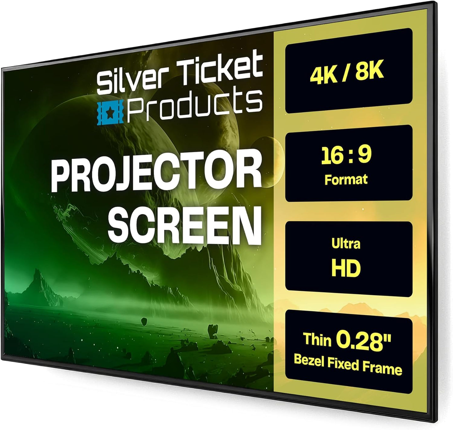 Silver Ticket Products S7 Series 6 Piece Thin Bezel Home Theater Fixed Frame 4K/8K Ultra HD, HDTV, HDR & Active 3D Projection Screen, 16:9 Format, 92" Diagonal, White Material S7-16992