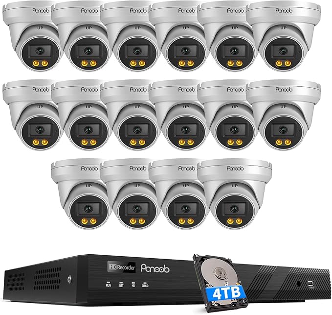 16 Channel Security Camera System 4K PoE, 16x 8MP Wired IP PoE Dome Camera, Spotlight Color Night Vision, Human Vehicle Detection,1-Way Audio Remote Access, 4K 16CH NVR 4TB HDD, PD93BA1616-8MD