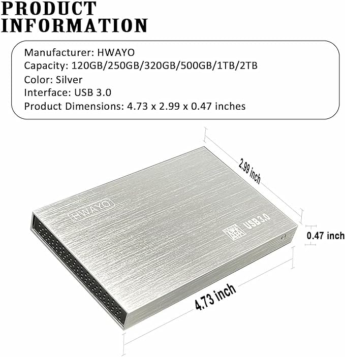 2.5'' HDD 250GB Ultra Slim Portable External Hard Drive USB3.0 Storage for Xbox One Console, PC, Laptop, MacBook (Silver)