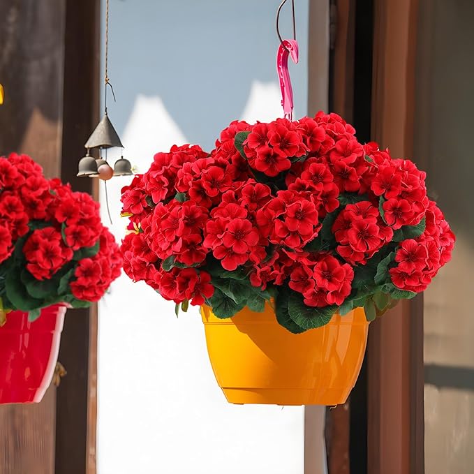 Hananona 12 Bundles Artificial Geranium Flowers for Outdoors Silk Geranium Flowers Outdoor UV Resistant Garden Plants Faux Flower for Home Kitchen Table Centerpieces Decor (12, Red)