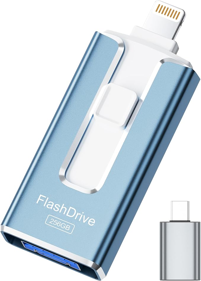 MFi Certified 256GB Flash Drive for iPhone iPad, Photo Stick for External Memory Storage, Easily Back Up and Save Photos Videos, 4 in 1 USB Memory Stick Thumb Drive for iPhone/iPad/Android/PC (Blue)
