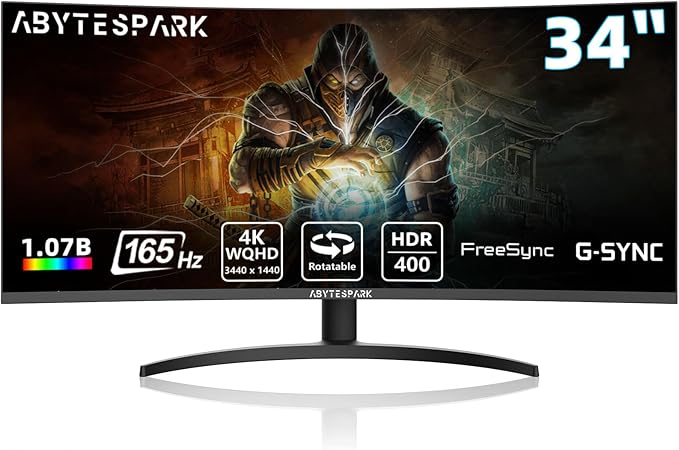34 Inch Curved Ultra Wide WQHD 4K (3440 × 1440) Gaming Monitor, 165Hz 1500R-PIP/PBP, 1ms (MPRT), HDR400, DCI-P3 95%,FreeSync & G-Sync, 2 x DP 1.4 and 2 x HDMI 2.0, Tilt Height Adjustment