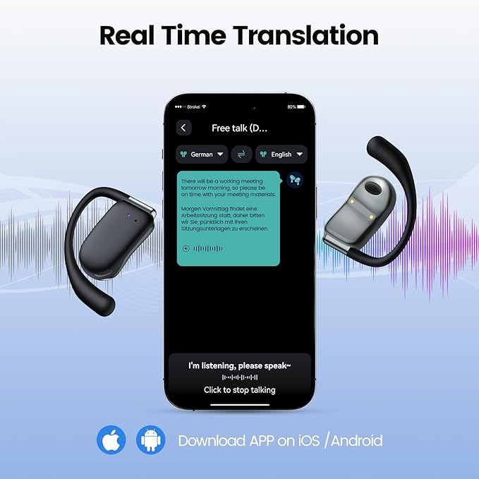 AI Translation Earbuds Real Time 164 Languages 80H Playtime Translator Ear Buds Audifonos Traductores Inglés Español Wireless Translating Earbuds Bluetooth Headphones for Travel Meeting Learning Black