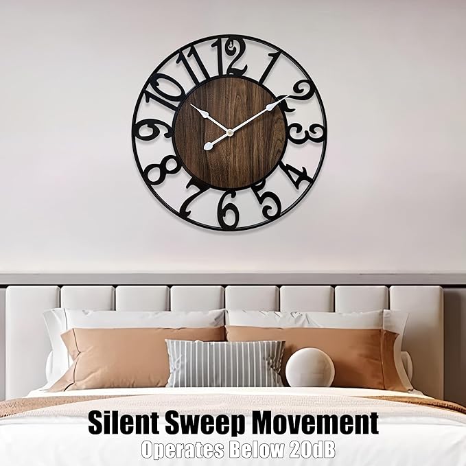 16 Inch Large Wall Clock for Living Room Bedroom Kitchen Mantel Decor, Silent Battery Operated Decorative Non Ticking Metal Round Modern Farmhouse Arabic Numerals Big Clock Wall Decor