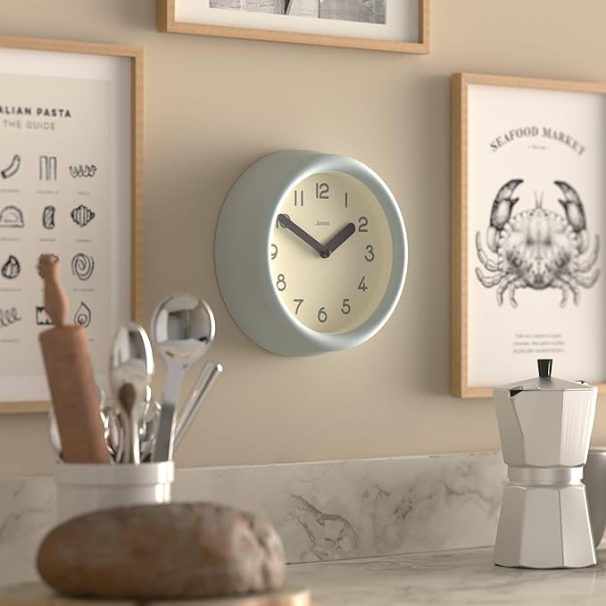 JONES CLOCKS® Fuze Wall Clock | Small Round Clock | Pale Blue | Playful Modern Design with Soft sculptural Presence | Ideal for Kitchens Living Rooms Kid's bedrooms