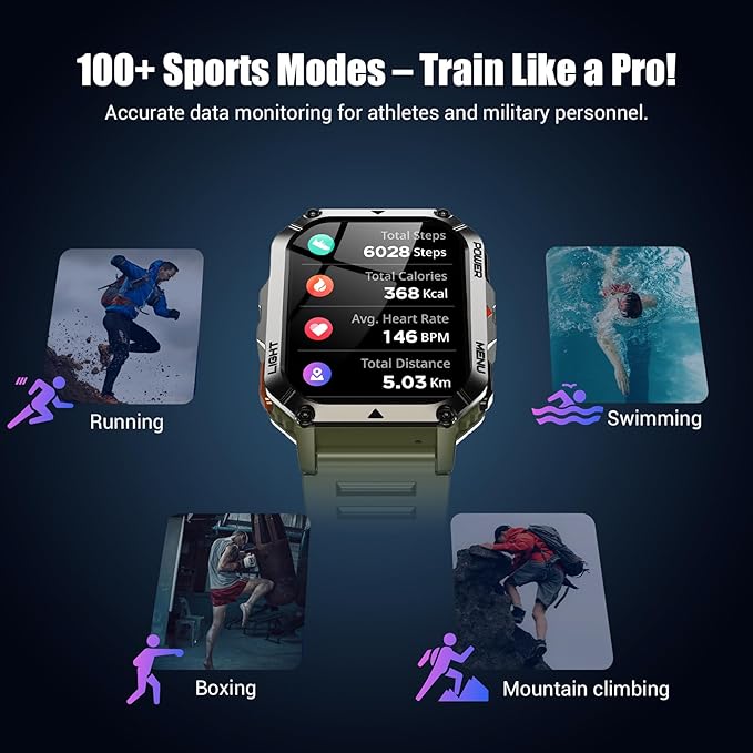 Military Smart Watches for Men，Smart Watch for Android iPhone with Large 2.01"Fitness HD Display/Flashlight/100-Day Battery/Compass/Heart Rate/120+ Sports Modes/IP68 Waterproof Smartwatch （2 Straps)