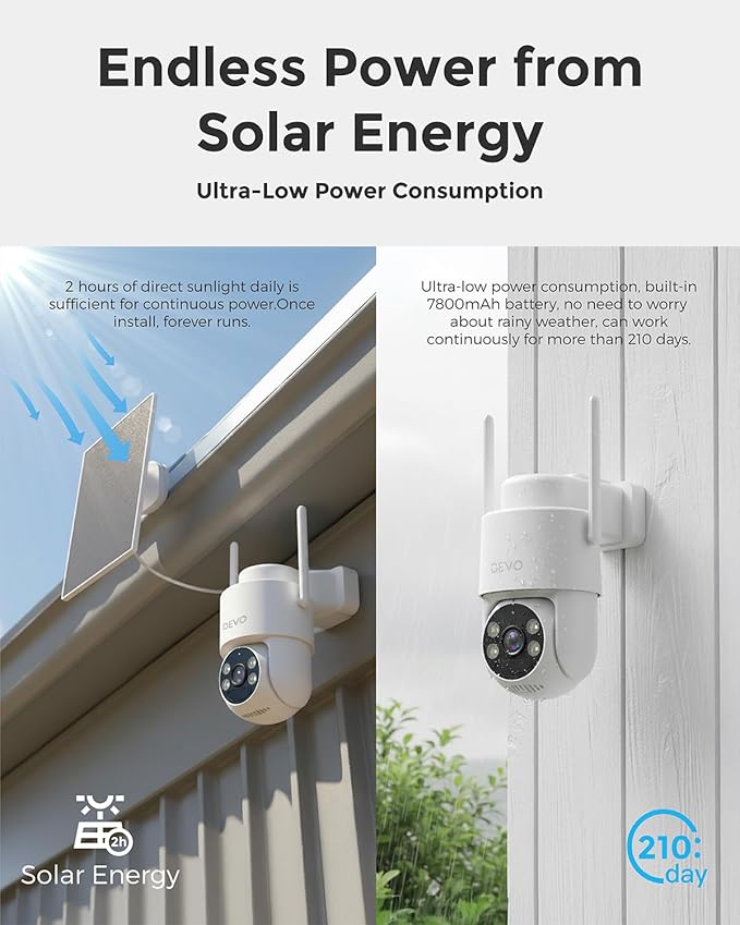Devo Solar Security Camera Wireless Outdoor, 2.3K HD 360° PTZ Color Night Vision, AI/PIR Human Detection, 2-Way Audio, Solar & Battery Powered, WiFi 6, IP66 Waterproof, Triple Alert System