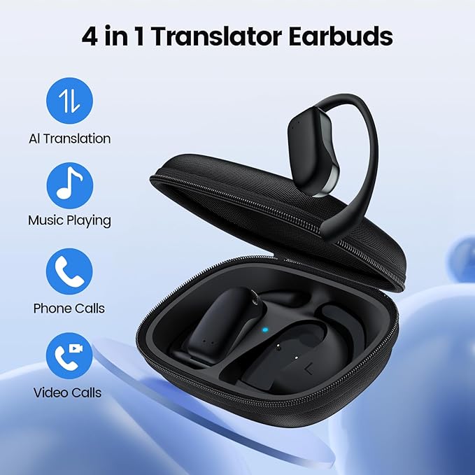 AI Translation Earbuds Real Time 164 Languages 80H Playtime Translator Ear Buds Audifonos Traductores Inglés Español Wireless Translating Earbuds Bluetooth Headphones for Travel Meeting Learning Black
