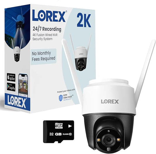 Lorex 2K Pan-Tilt Outdoor WiFi Security Camera | 360° View | Auto-Tracking | Color Night Vision | Person Detection | Warning Light & Siren | IP66 Weatherproof | 32GB MicroSD Included | No Monthly Fee