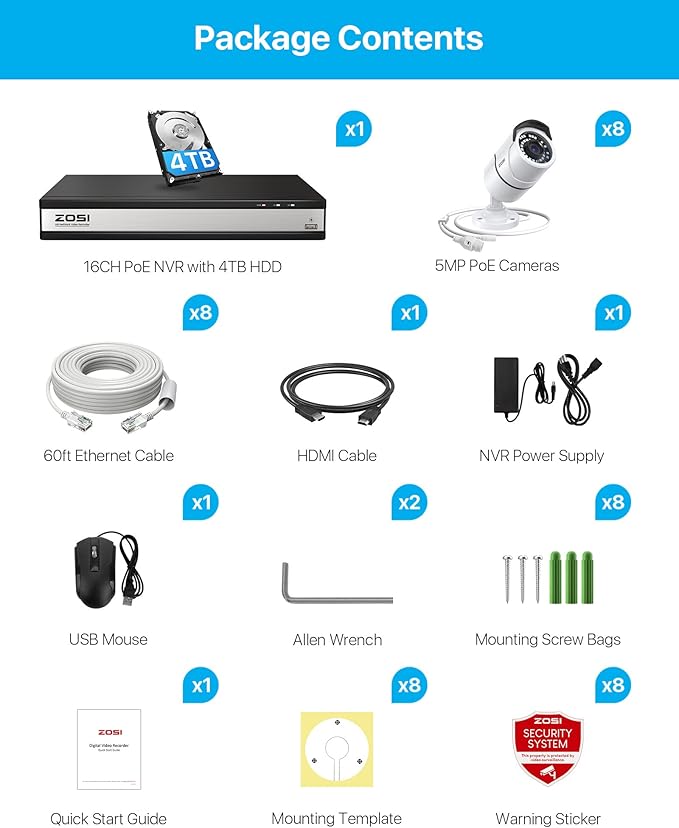ZOSI 16CH 4K PoE Security Cameras System,4K 8MP 16 Channel H.265 NVR with 4TB Hard Drive and 8pcs 5MP Indoor Outdoor PoE IP Cameras,120ft Night Vision,Remote Access for Home Business 24/7 Recording