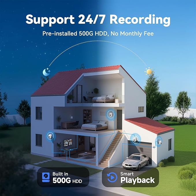 Wired Security Camera System Outdoor, 4pcs Pan/Tilt CCTV Cameras and 4CH 5MP Lite AHD TVI DVR (500GB HDD), 360° View Surveillance DVR Kit, Motion Detection, 24/7 Recording, Remote Access