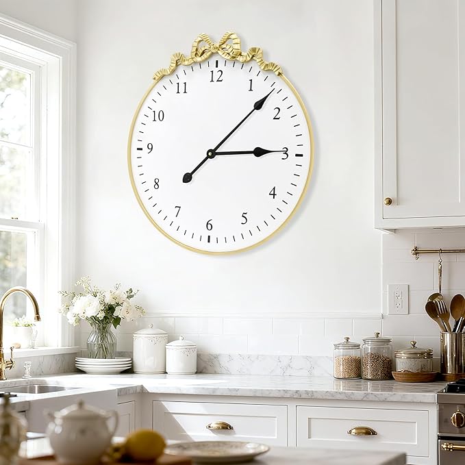Large Vintage Gold Wall Clock, 27.5inch Decorative Round Wall Clocks with Bow Decor for Living Room, Retro Metal Battery Operated Clocks for Bedroom, Dining Room,Office