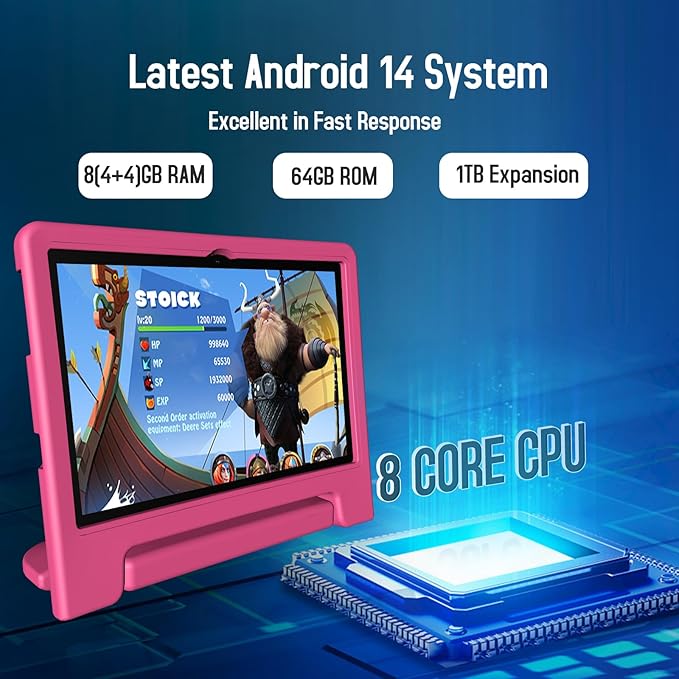 Kids Tablet, 10 inch Android 14 Tablet for Kids, 8GB RAM 64GB ROM Octa-Core Fast-Charging Battery Toddler Tablets with Shockproof Case, Bluetooth, WiFi, Parental Control, Dual Camera, GPS