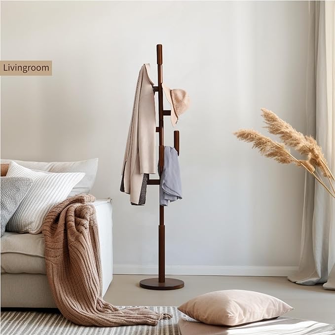 Bamboo Cactus Coat & Clothes Rack Stand, Standing Freestanding Clothing Racks with 6 Hooks for Adults & Kids, Heavy Duty Modern Entryway Living Room Bedroom Corner Coat Rack