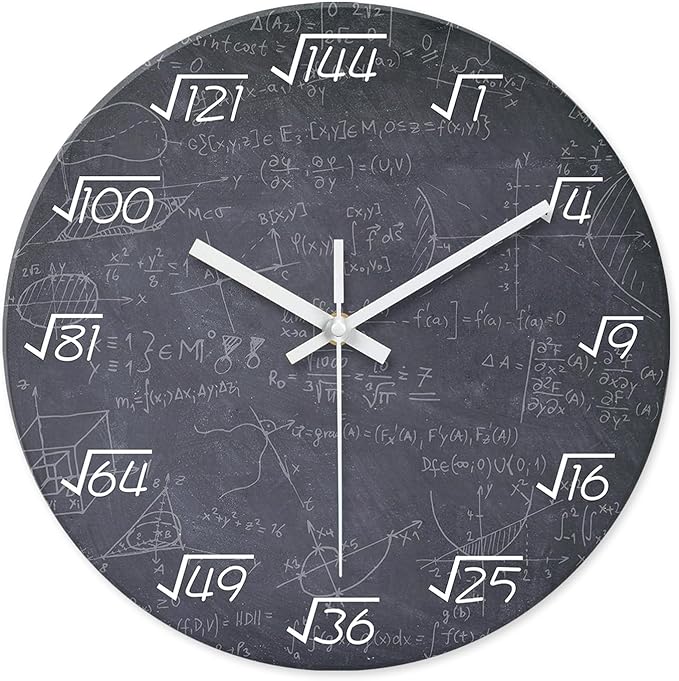 XNM Black Math Clock for Classroom Glass Small Wall Clocks Battery Operated 12 Inch Round Silent Wall Clock Non Ticking