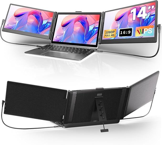 Triple Laptop Screen Extender, Upgraded 14" 1080P FHD IPS Laptop Monitor Extender, Plug & Play LCD Type-C/USB-A/HDMI Travel Monitor for Laptops 13"-17", Fits Windows Mac Linux Chrome