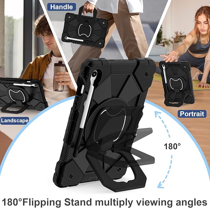 Case for Samsung Galaxy Tab S10 Lite / S10 FE / S9 FE 10.9 Inch & Galaxy Tab S9 11 Inch, Rugged Samsung S10 Tablet Case with Pen Holder 360 Rotating Stand Shoulder Strap Screen Protector, Black