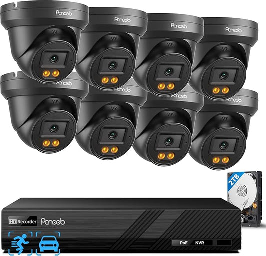 Security Camera System PoE, 8X 4MP Wired Bullet IP Cameras Outdoor Built-in Microphone, AI Human Vehicle Detection, 5MP 8CH NVR with 2TB HDD, Smart Color Night Vision, PD93BA30808-4MD(Black)