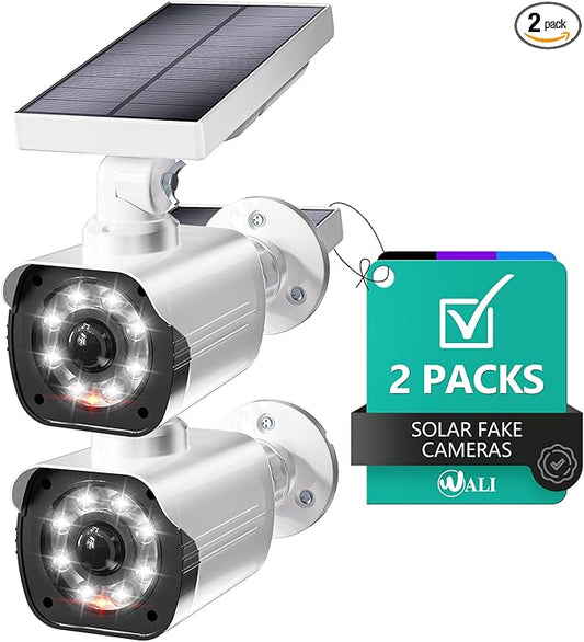 WALI Dummy Fake Camera, Security Camera with Motion Sensor Flood Light, Simulated Surveillance Security CCTV Dome Camera Indoor Outdoor (TCW2-SOL), 2 Packs, White-Solar