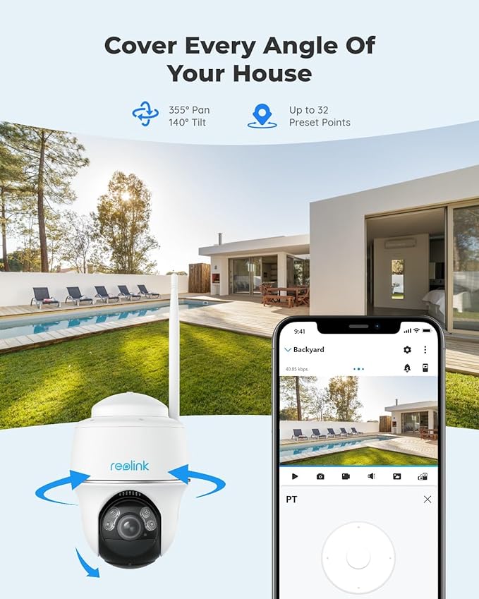 REOLINK Security Cameras Wireless Outdoor, Pan Tilt Solar Powered, 5MP 2K+ Color Night Vision, 2.4/5GHz WiFi, Smart Cameras for Home Security, Works with Home Hub, Argus PT + Solar Panel