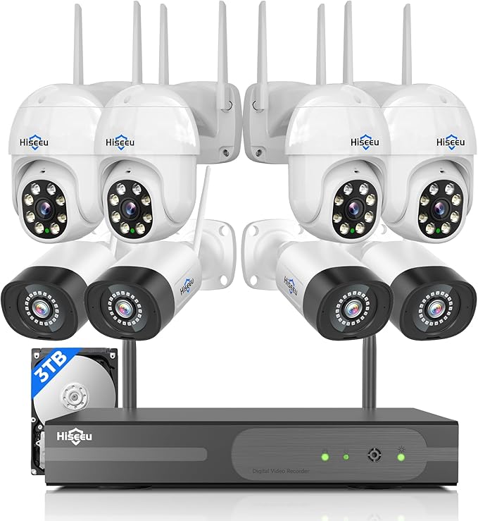 Hiseeu 5MP Wireless Security Camera System, 8PCS PTZ & Bullet Cameras with 3TB HDD, WiFi Pro & Plug-in Connection, IP66 Waterproof, Smart Motion Alerts, Long-Range Signal, 24/7 Surveillance NVR Kit