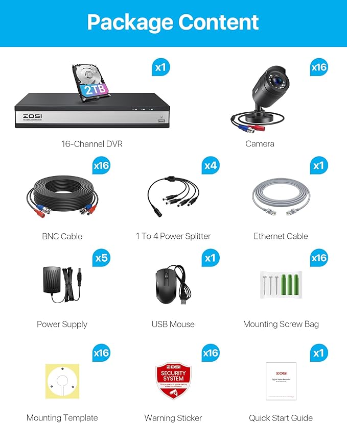 ZOSI 3K Lite 16CH Security Camera System Indoor Outdoor,AI Human/Vehicle Detection,16pcs 1080P 2MP Surveillance Bullet Cameras,Night Vision,16 Channel H.265+ 1080p DVR with 2TB HDD for 24/7 Recording