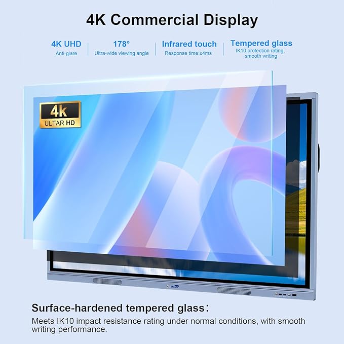 65" 4K Smart Board Interactive Digital Whiteboard, 8 + 256 GB Smart Board | Ultra-HD Display, Android Dual System & 20MP Camera | Touchscreen Electronic Smartboard for Classroom, Office