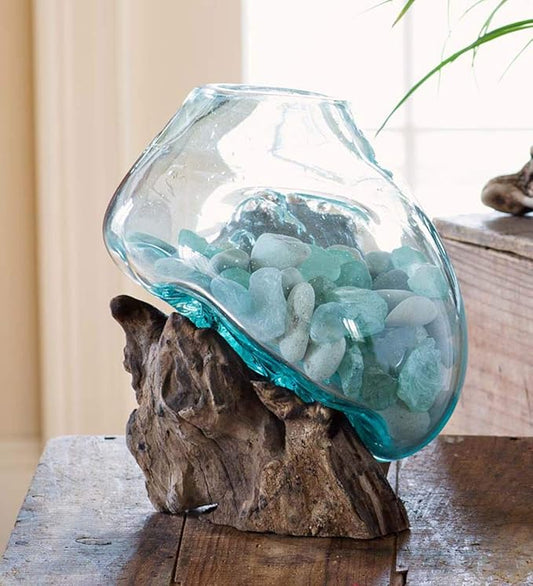 Hand Blown Molten Glass & Teak Wood Terrarium/Vase/Fish Bowl - Premium Quality (7" - 9" High)