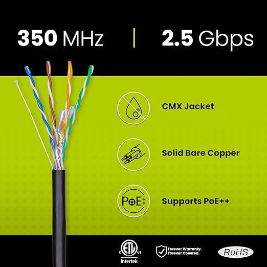 trueCABLE Cat5e Outdoor, Unshielded UTP, 1000ft, UV Resistant, CMX Rated, Black, 24AWG Solid Bare Copper, 350MHz, PoE++ (4PPoE), ETL Listed, Bulk Ethernet Cable