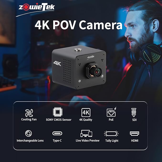 zowietek 4K POV Camera PoE, ZowieCAM, Webcam, Simultaneously HDMI & SDI Output, RTSP/RTMP(s)/SRT, Standalone Live Streaming to YouTube/Twitch for Webcast, Meeting, Teaching & Gaming (M12 AF)