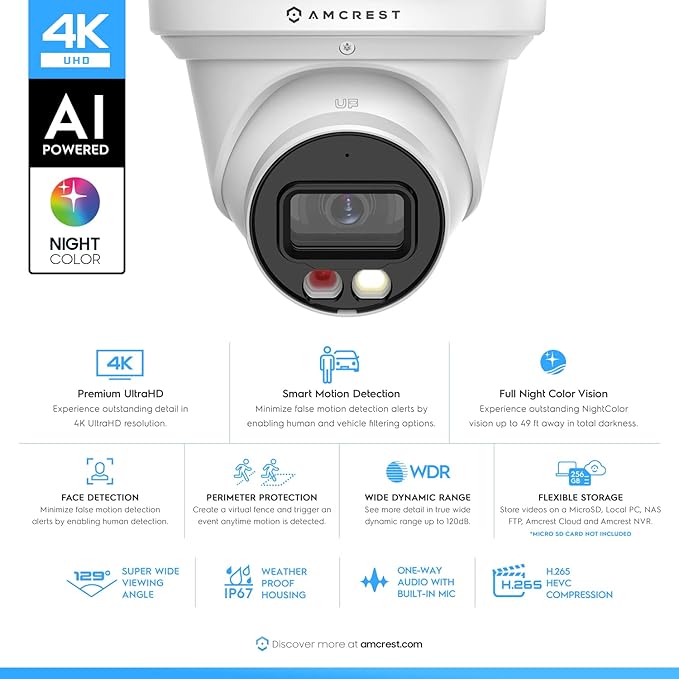 Amcrest 2-Pack UltraHD 4K (8MP) IP PoE AI Camera, 49ft Nightcolor, Security Outdoor Turret Camera, Built-in Mic, Human Detection, Active Deterrent, 129° FOV, 4K@15fps 2PACK-IP8M-2779EW-AI (White)