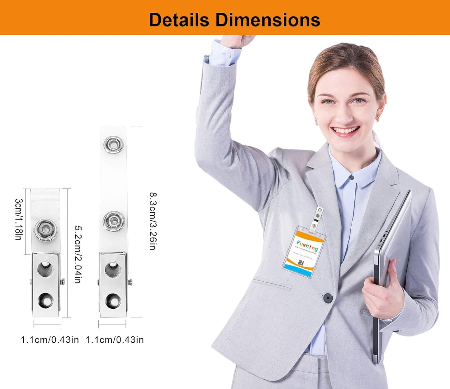 Fushing 300Pcs Metal Badge Clips with Clear PVC Straps for ID Cards and Badge Holders