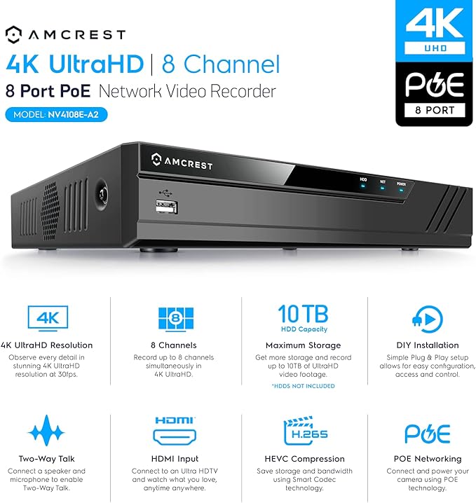Amcrest 4K 8CH Security Camera System w/ 4K 8CH POE NVR, (4) x 8-Megapixel Dome POE IP Cameras (3840x2160), Pre-Installed 2TB Hard Drive, NV4108E-IP8M-2493EB4-2TB (Black)